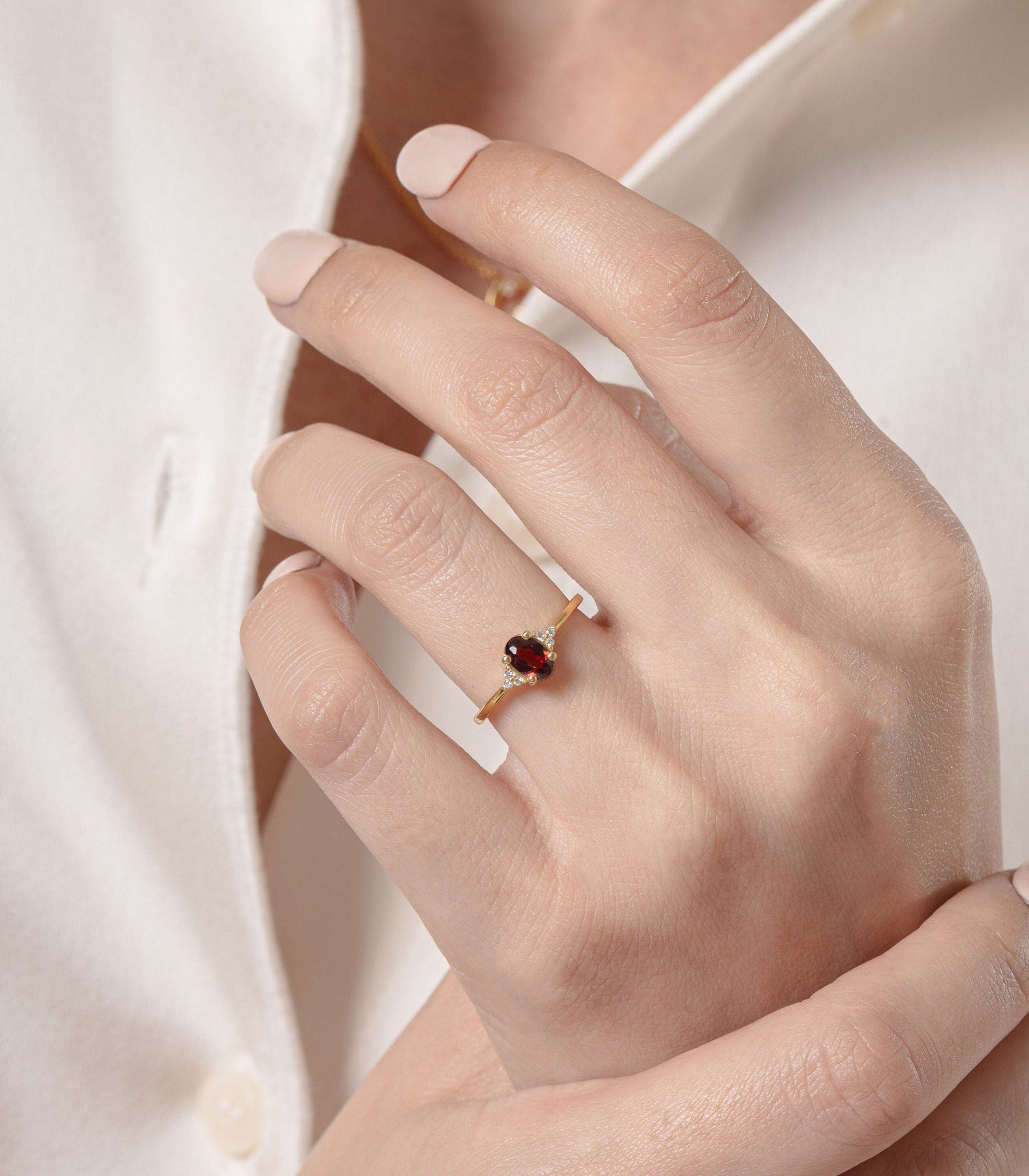 6x4mm Cluster Garnet Engagement Ring, Cluster Diamond Ring, Prong Set Oval Garnet Wedding Ring, January Birthstone Gift